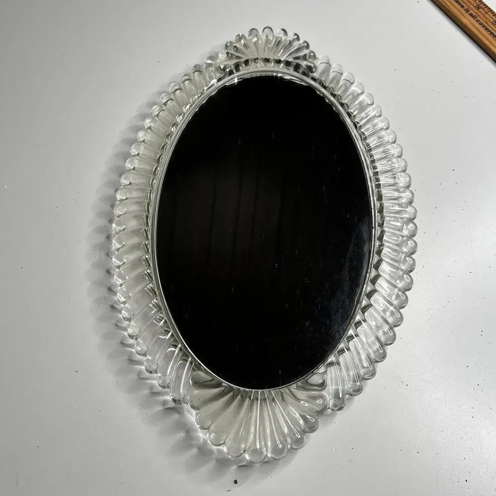 Vintage Oval Glass Vanity Mirror Tray‎ Clear Scalloped Edge Made In USA Decor